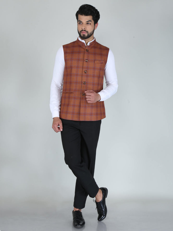 Perfect Orange Woolen Tweed Nehru Jacket
