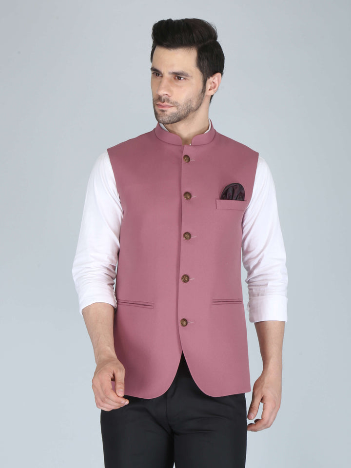 Solid Pink Casual Nehru Jacket For Men