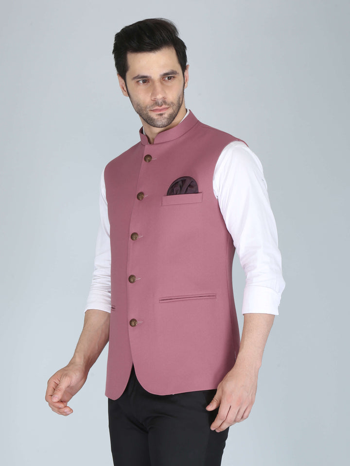 Solid Pink Casual Nehru Jacket For Men