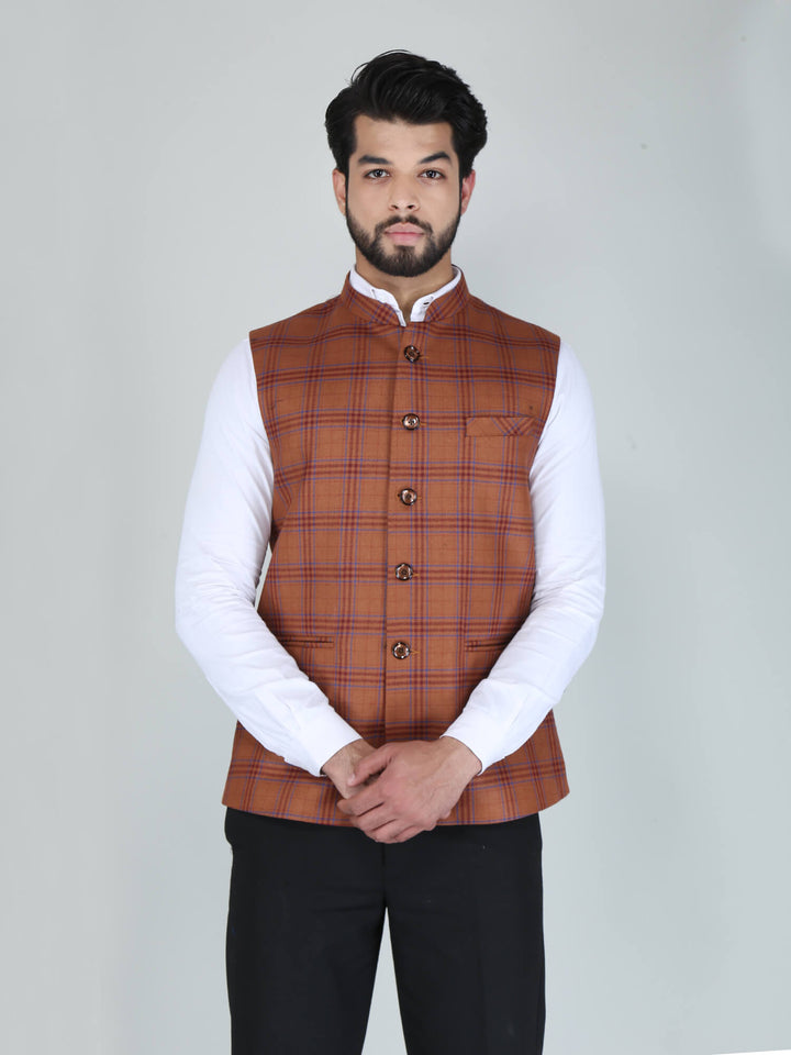 Orange Woolen Tweed Nehru Jacket
