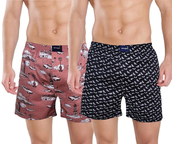 Pink Car and Black Feather Printed Cotton Boxers for Men