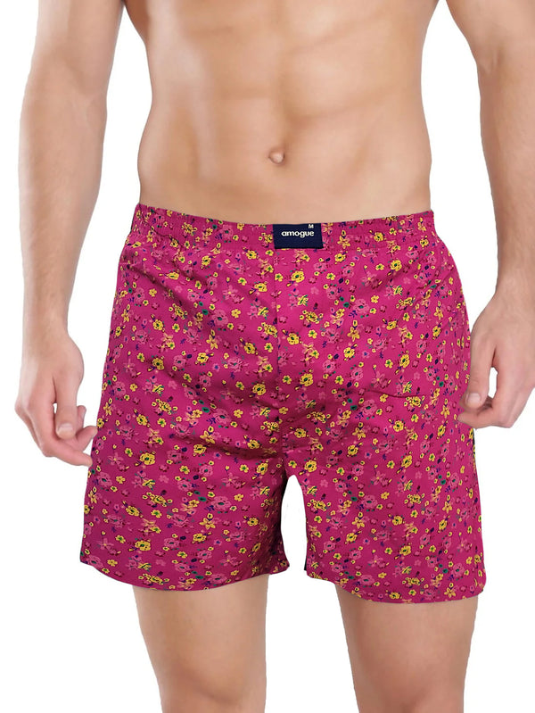 Pink Flower Printed Cotton Boxer Shorts For Men