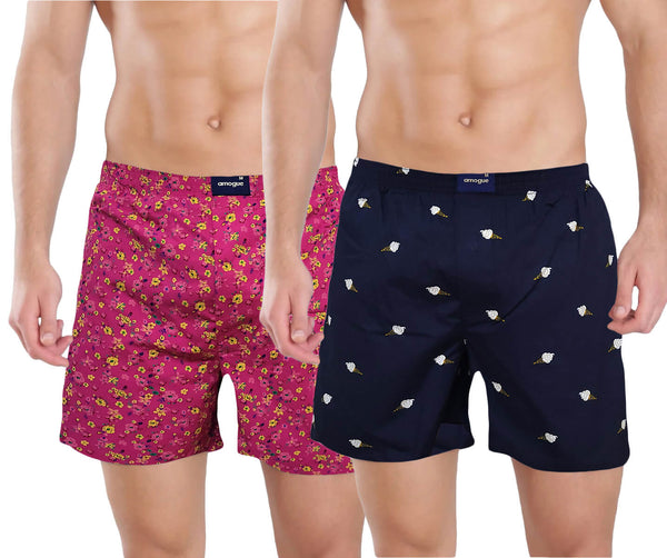 Pink Flower Navy IceCream Printed Cotton Boxers for Men