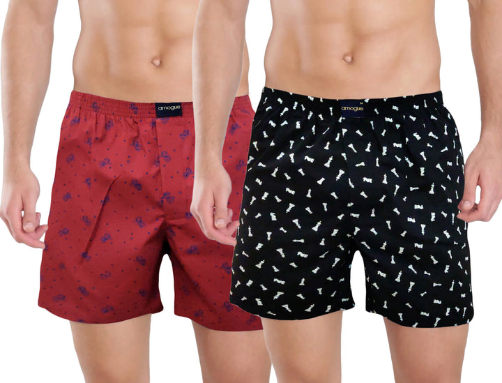 Red & Black Funky Printed Pair Of Men Cotton Boxers | Amogue