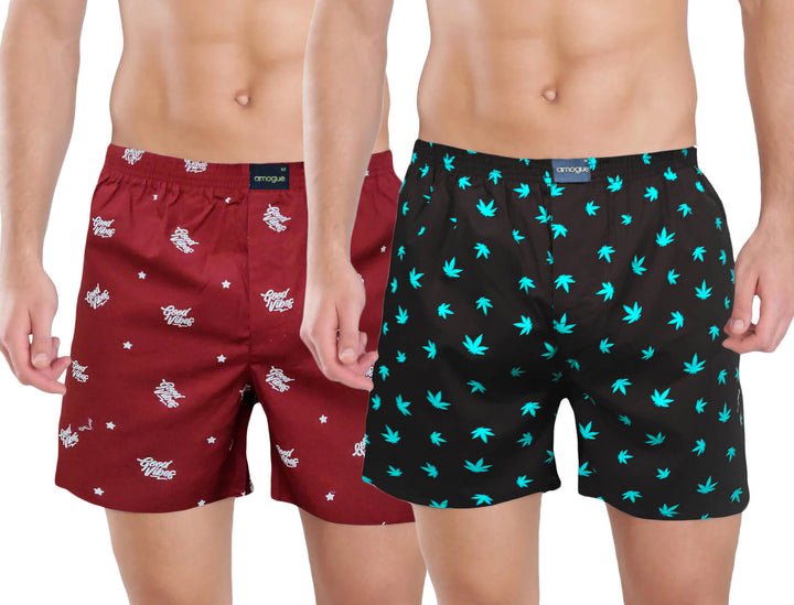 Red & Black Funky Printed Pair Of Men Cotton Boxers | Amogue