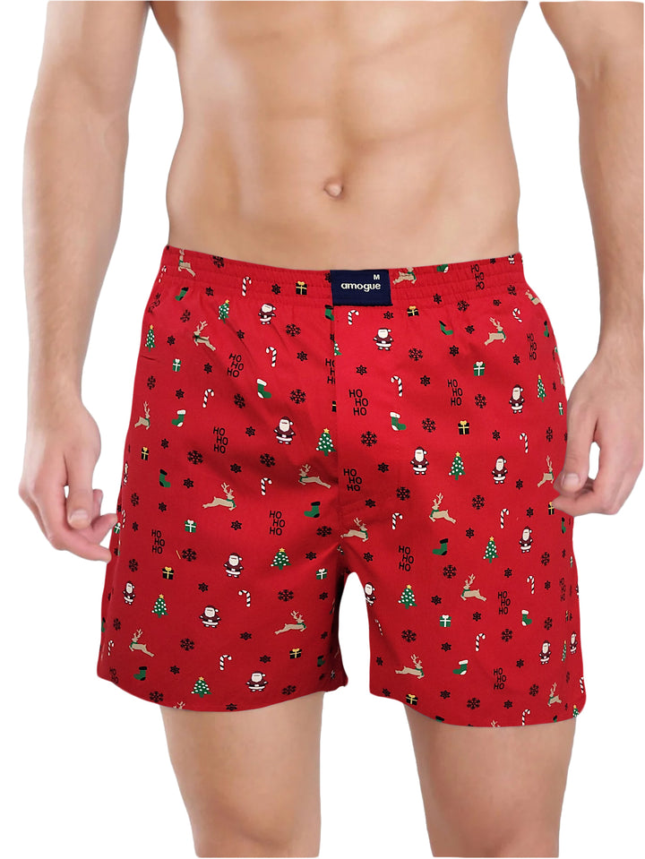 Red Christmas Printed Cotton Boxer Shorts For Men