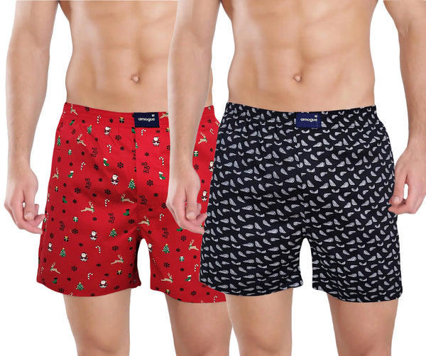 Red Christmas & Black Feather Printed Cotton Boxers for Men