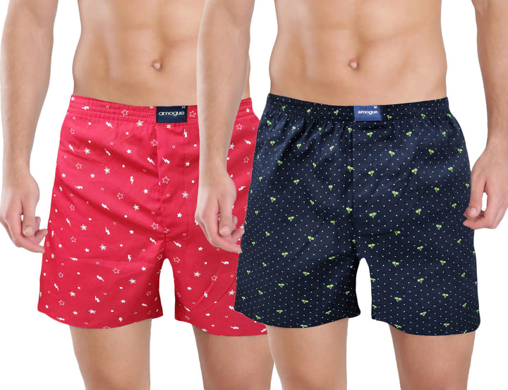 Red & Navy Cotton Printed Men's Boxers(Pack of 2)