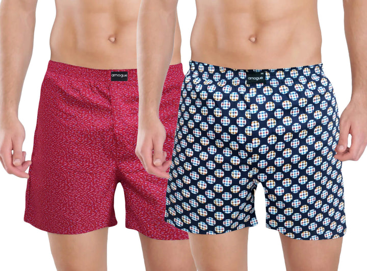 Red & Navy Circle Printed Cotton Boxers For Men