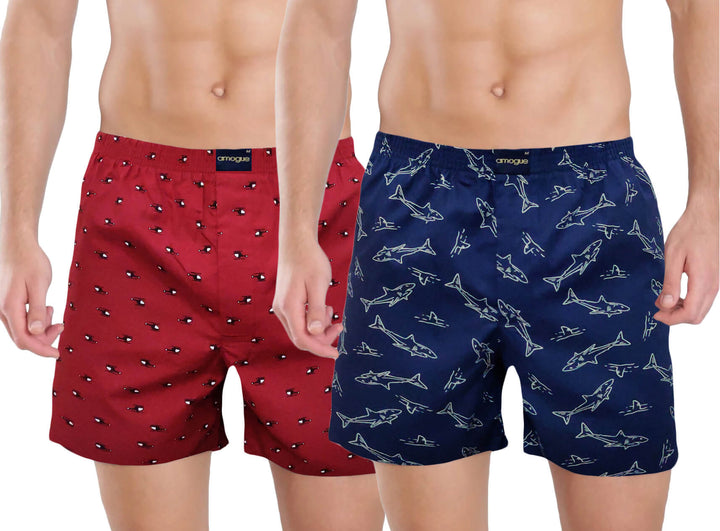 Red & Navy blue Fish Printed Cotton Boxers | Amogue