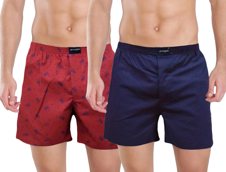 Red Robot & Navy Dotted Printed Cotton Boxers For Men | Amogue