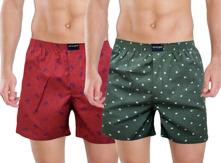 Red & Olive Tortoise Printed Funky Cotton Boxers | Amogue