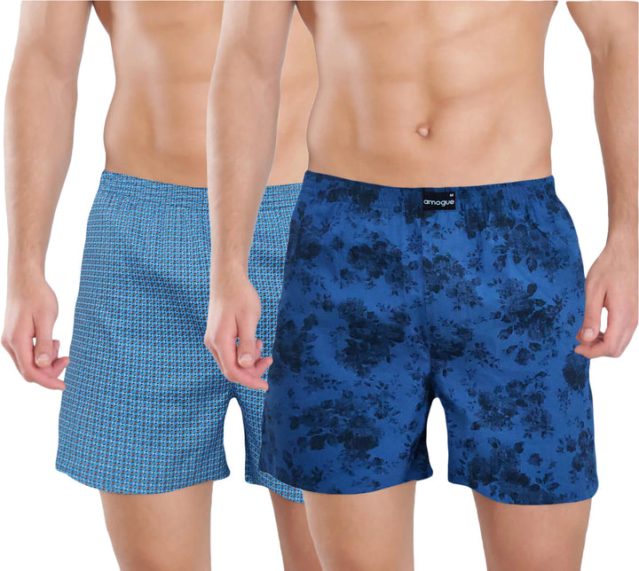 Sky Blue & Navy Flower Printed Cotton Boxers For Men