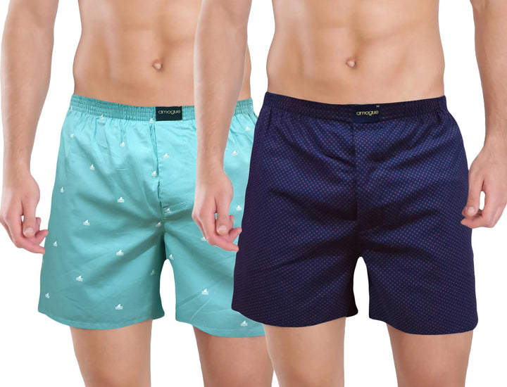 Sea Green & Navy Dotted Printed Men Cotton Boxers | Amogue