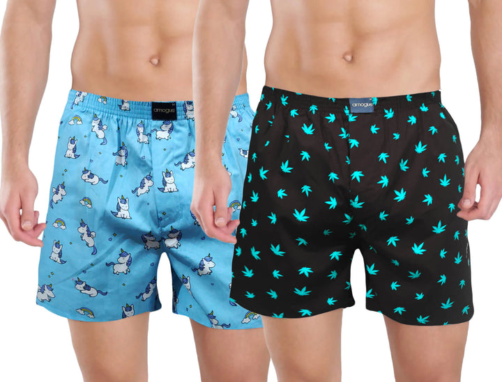 Blue & Black Printed Pack Of 2 Cotton Boxers For Men | Amogue