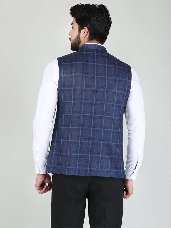 Sky Blue Stripes Woolen Tweed Nehru Jacket - Back View View
