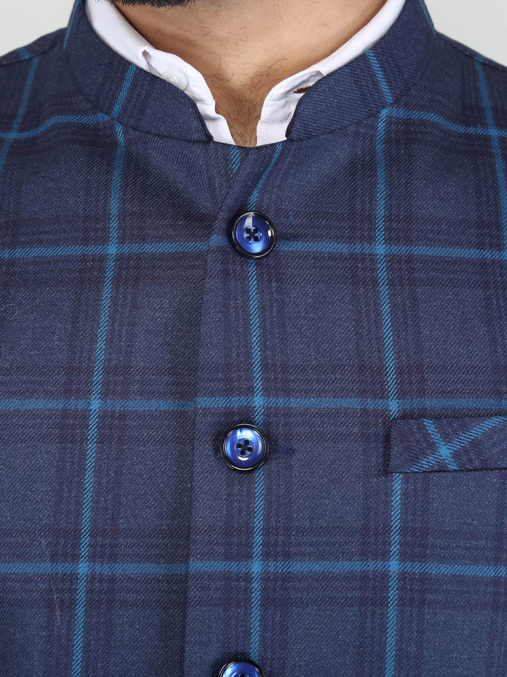 Sky Blue Stripes Woolen Tweed Nehru Jacket - Close Up View