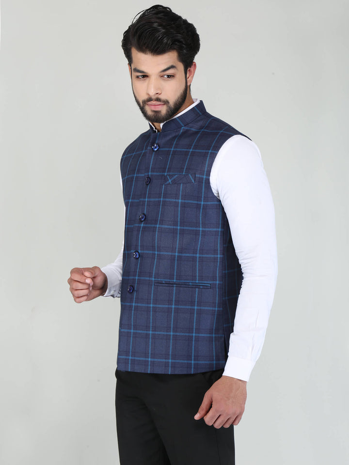 Sky Blue Stripes Woolen Tweed Nehru Jacket - Side View