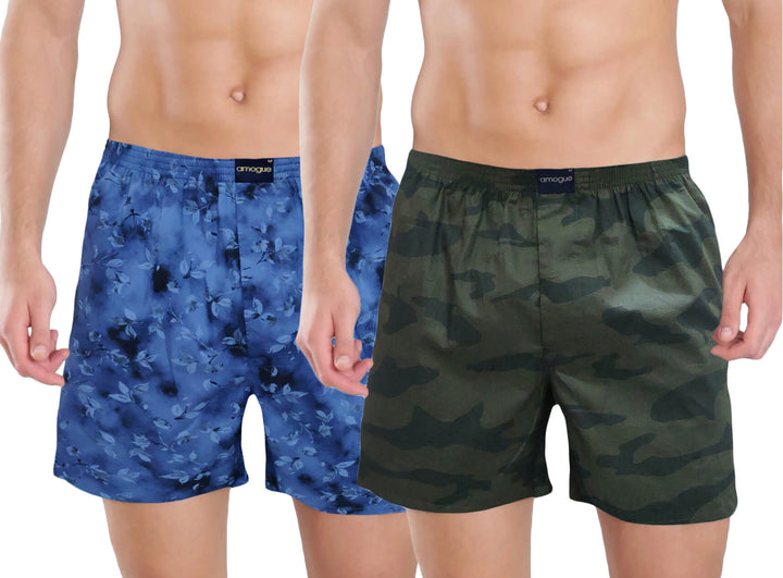 Sky Flower & Green Camouflage Printed Cotton Boxers | Amogue
