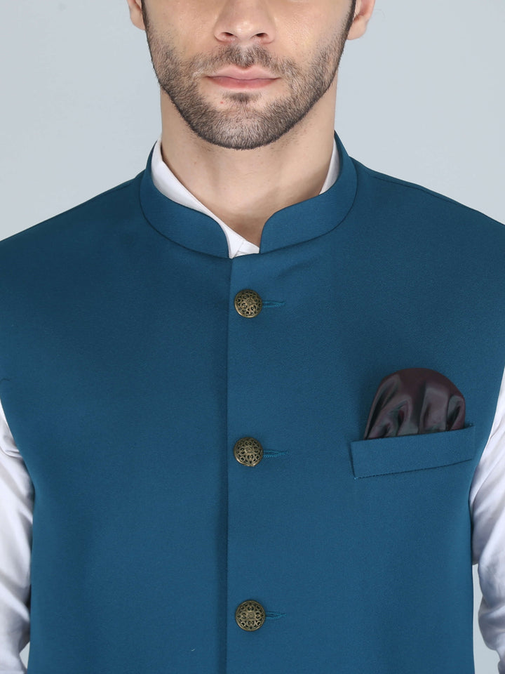 Solid Teal Blue Casual Nehru Jacket For Men