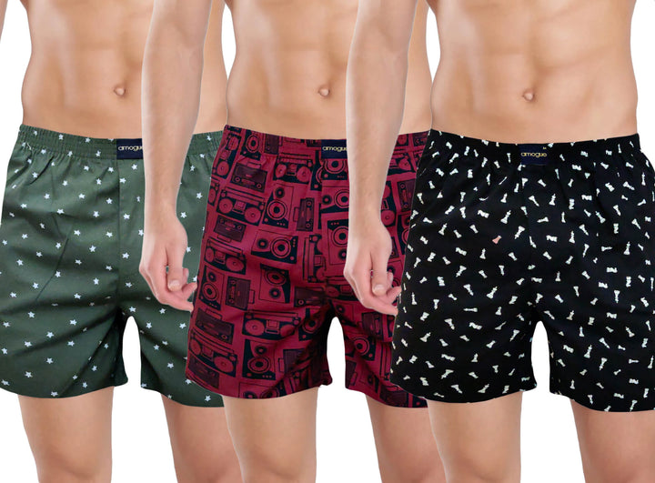 Green, Wine, & Black Printed Funky Cotton Boxers | Amogue