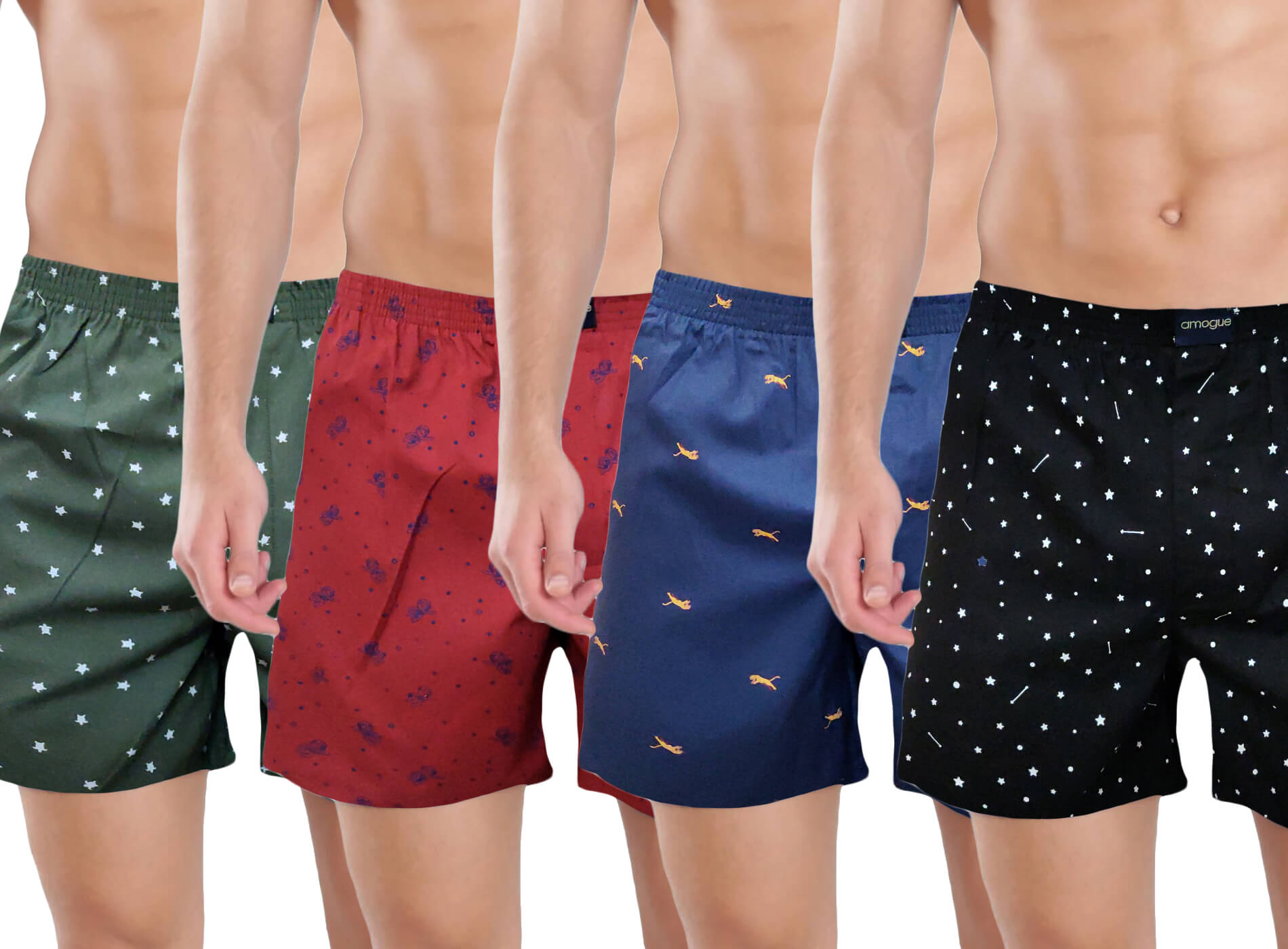 Green, Red, Navy Blue & Black Cotton Boxers Combo For Men | Amogue