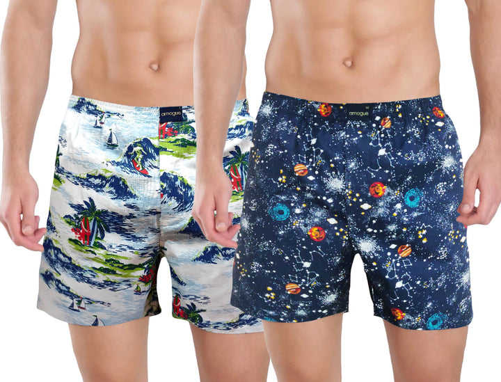 White Sea & Navy Galaxy Printed Cotton Boxers For Men | Amogue