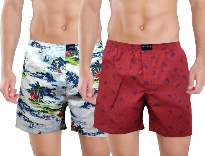 White Sea & Red Robot Printed Cotton Boxers For Men | Amogue