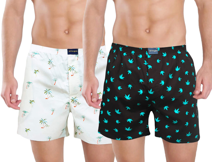White Beach & Black Weed Printed Cotton Boxers For Men