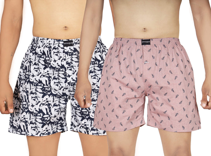 White Leaf & Pink Printed Mens Boxer Combo | Amogue