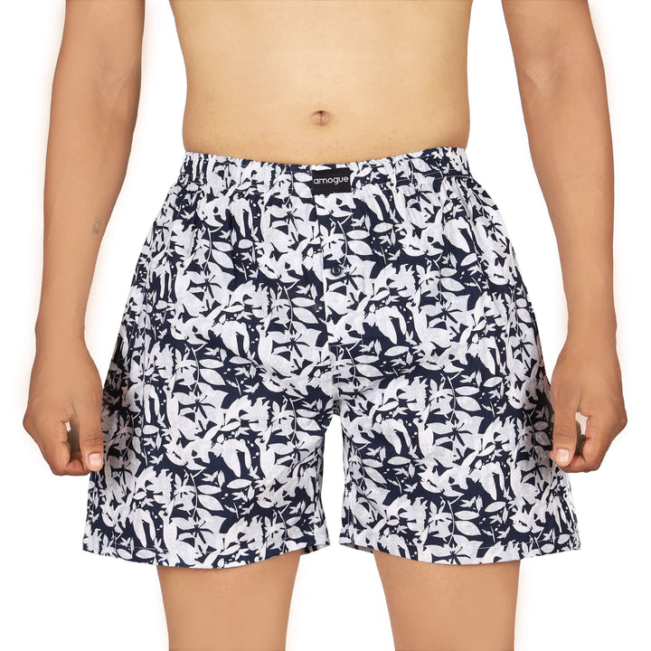 White Leaf Printed Funky Cotton Boxer For Men