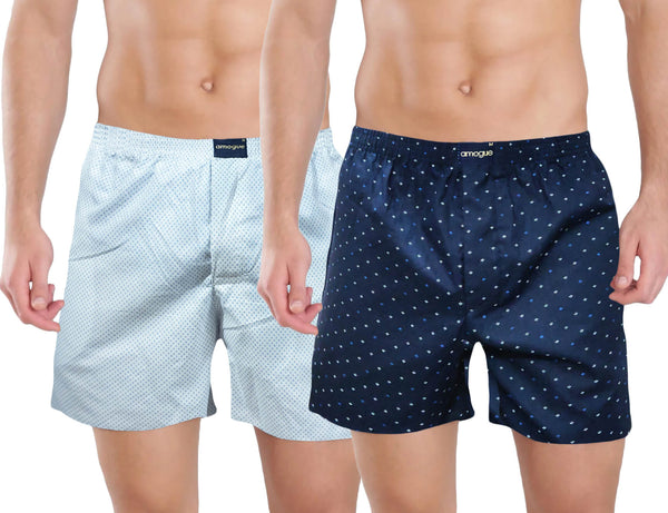 White & Blue Printed Men's Cotton Boxers(Pack of 2)