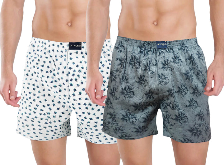 White & Grey Flower Printed Cotton Mens Boxers(Pack of 2) | Amogue