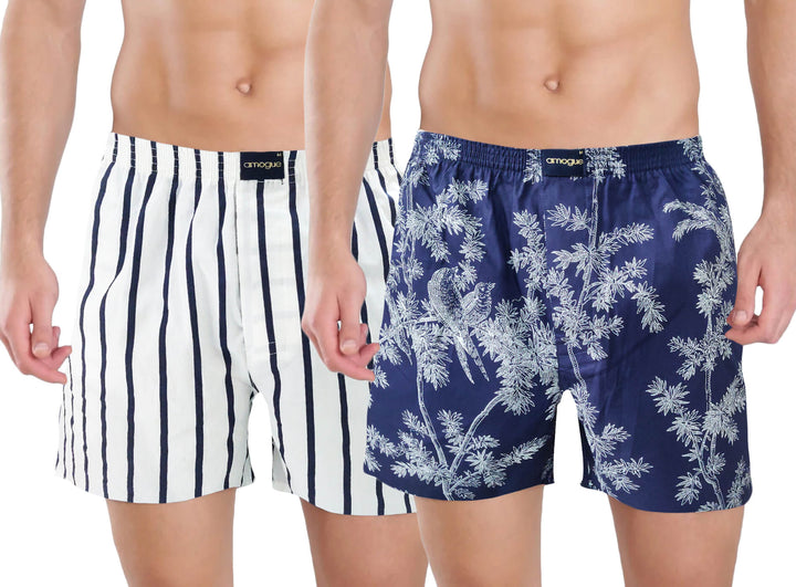White & Navy Tree Printed Cotton Boxers For Men(Pack of 2) | Amogue