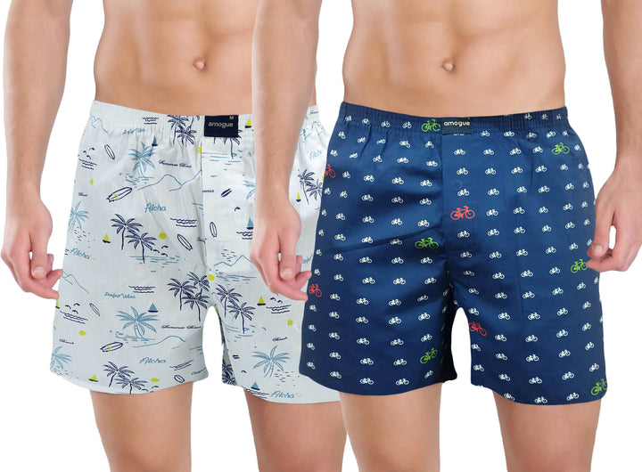 White Beach & Navy Blue Printed Men's Boxers(Pack of 2)