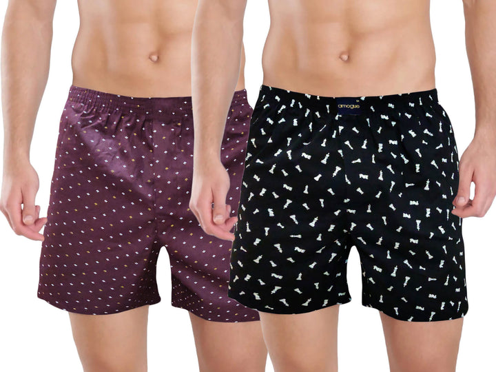 Wine Dotted & Black Chess Printed Men's Cotton Boxers
