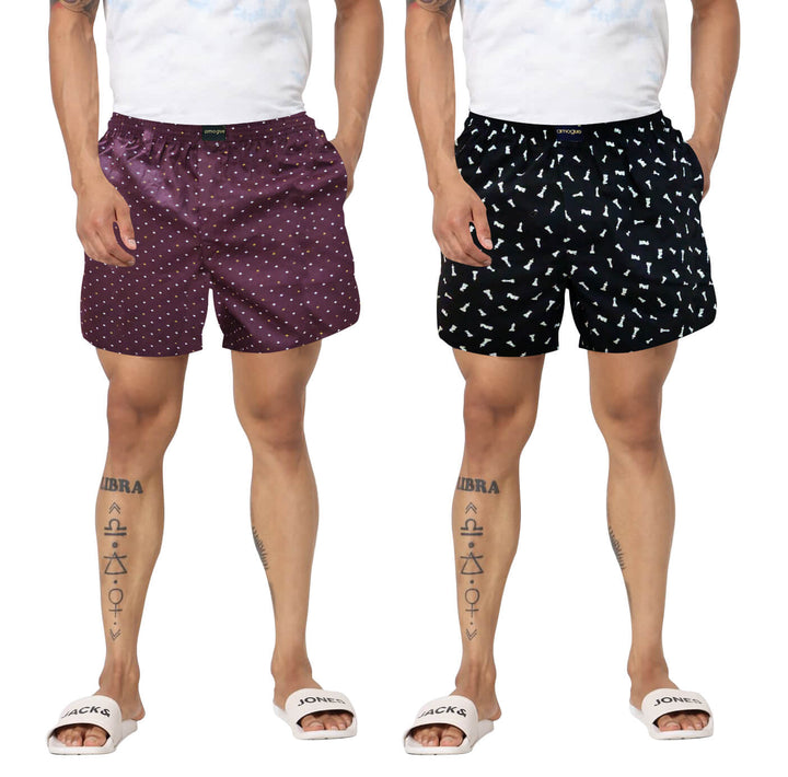 Wine Dot & Black Chess Printed Cotton Boxers For Men(Combo of 2)