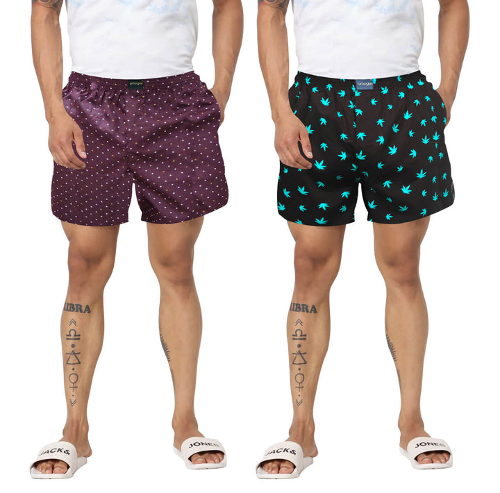 Wine Dot & Black Plant Printed Cotton Boxers For Men(Combo of 2)