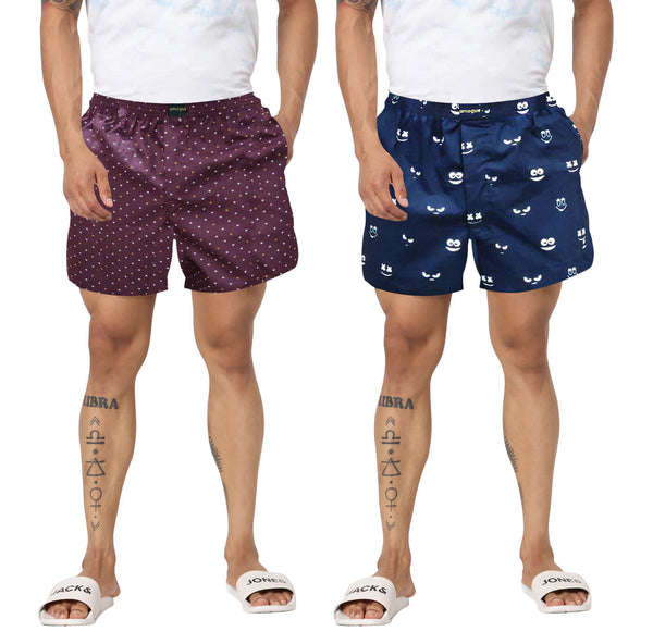 Wine Dot & Navy Face Printed Cotton Boxers For Men(Combo of 2)