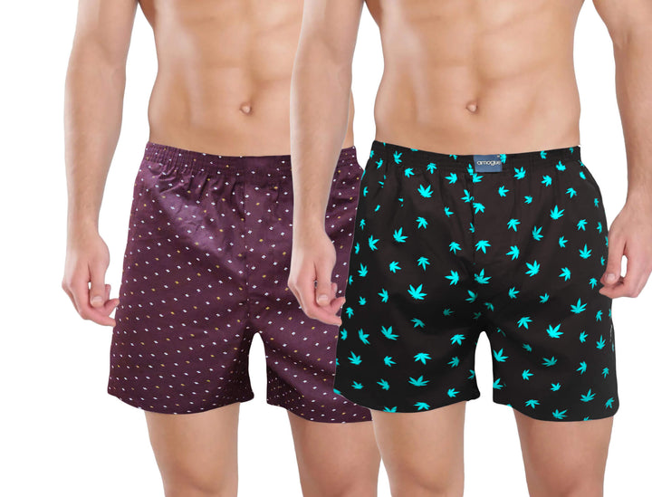 Wine Dotted & Black Plant Printed Men's Cotton Boxers