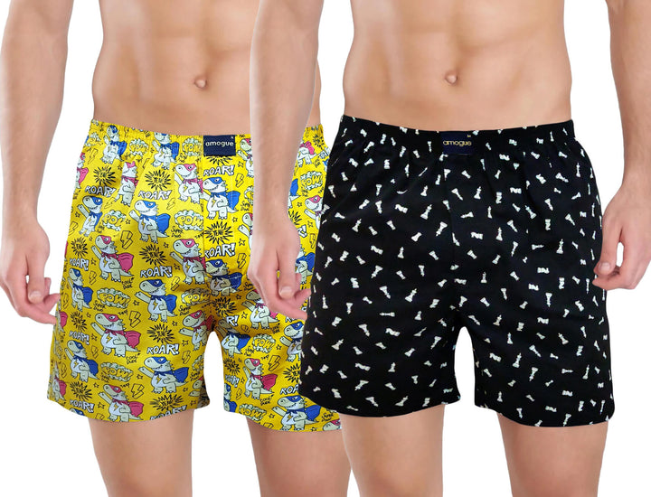 Yellow & Black Printed Pair Of Cotton Boxers For Men | Amogue