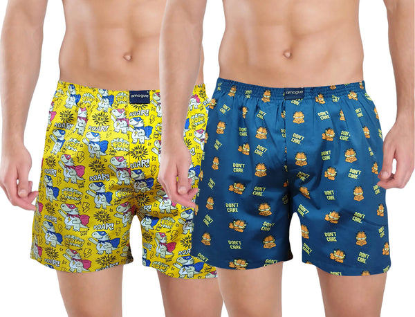 Yellow & Blue Printed Pack Of 2 Men Cotton Boxers | Amogue