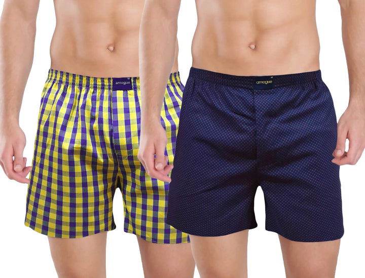 Yellow Checks & Navy Dotted Printed Men Cotton Boxers | Amogue