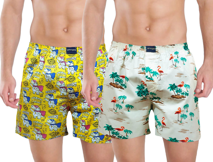 Yellow & White Printed Pack Of 2 Men Cotton Boxers | Amogue