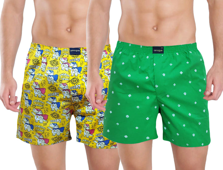 Yellow & Green Printed Pack Of 2 Men Cotton Boxers | Amogue