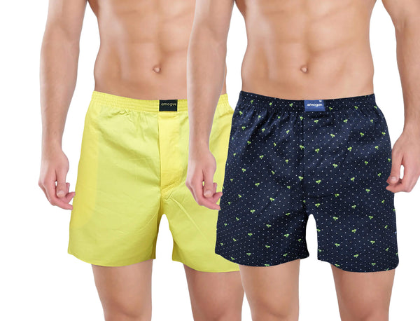 Yellow & Navy Coconut Printed Cotton Boxer For Men