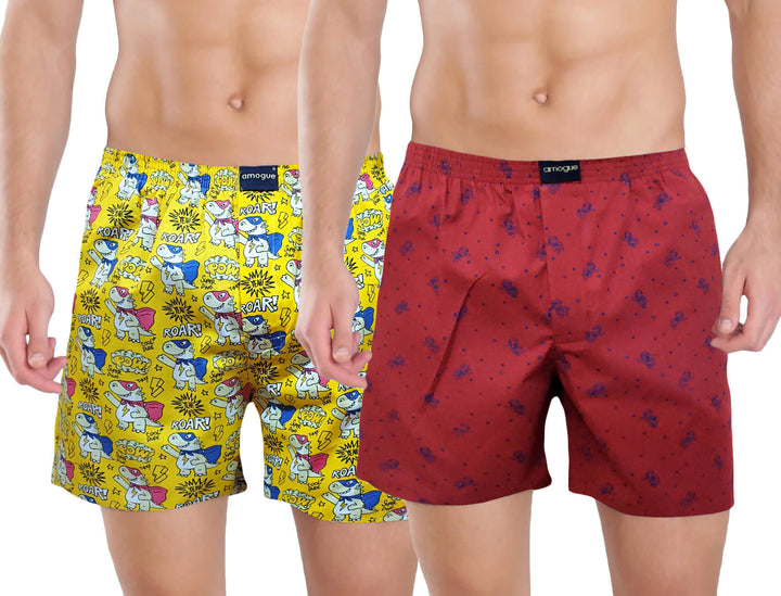 Yellow & Red Printed Pack Of 2 Cotton Boxers For Men | Amogue