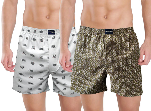 White & Olive Printed Cotton Boxers For Men(Pack of 2)