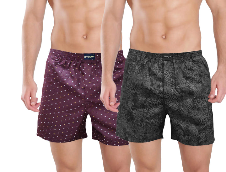 Wine Dot & Charcoal Black Printed Cotton Boxers For Men